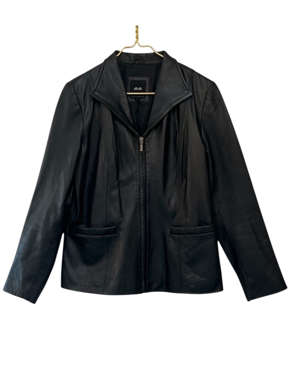 JLC New York Black Leather Zip Front Jacket Collared Fully Lined Size M